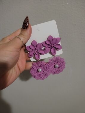 Purple Floral Dangle Earrings - Lightweight Statement Earrings
